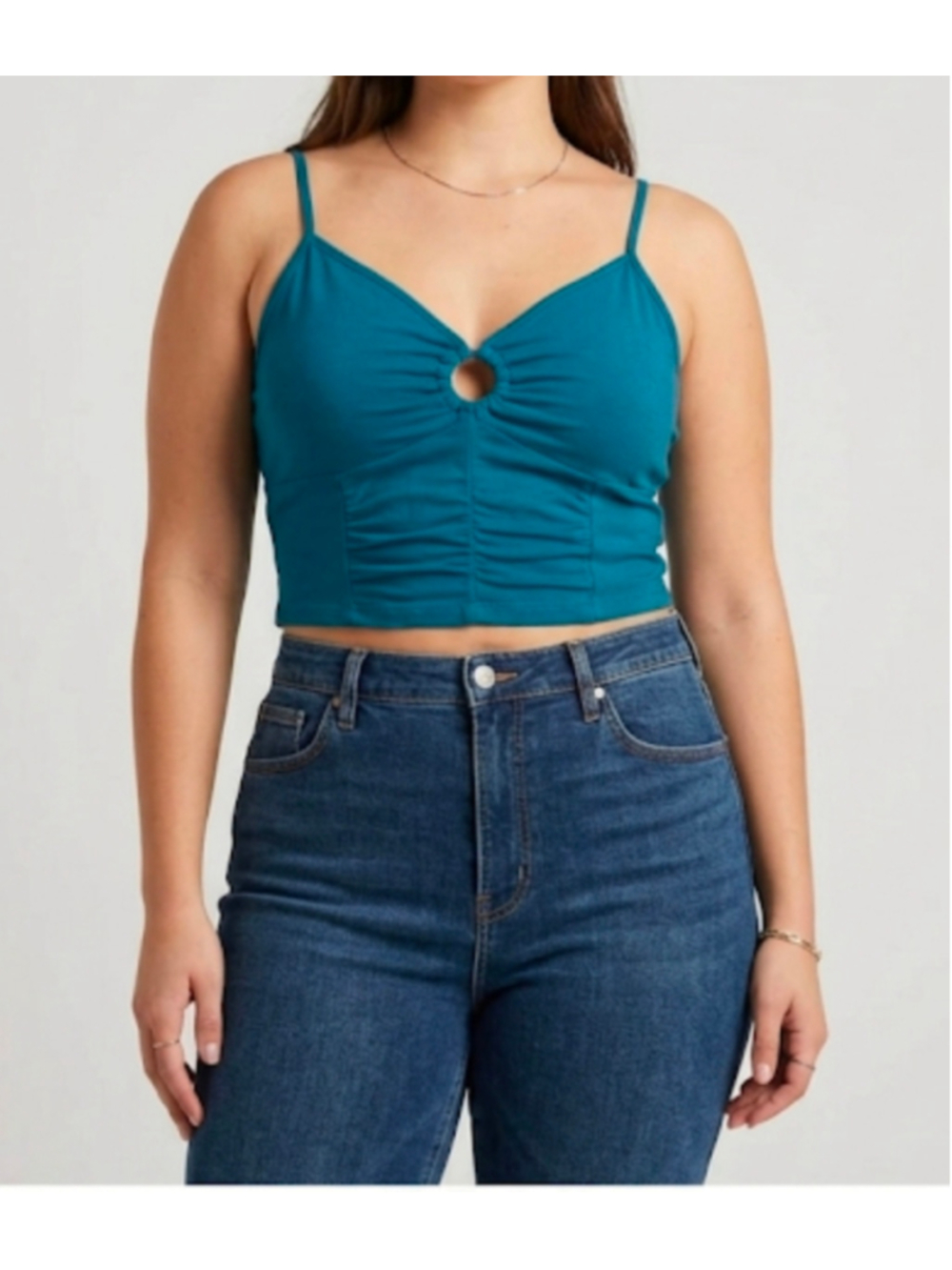 SO Cutout Crop Tank Top XL Ozark Blue Keyhole Ruched Spaghetti Strap NWT